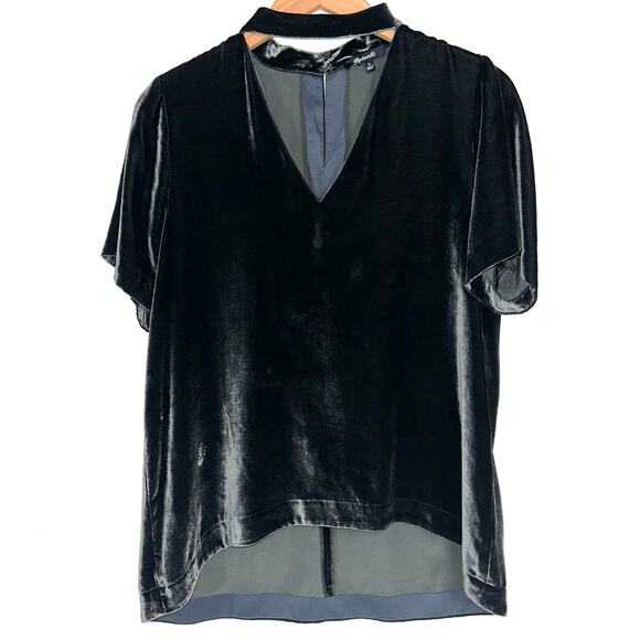 Madewell Choker Collar Short Sleeve Green Velvet Shirt Size Medium - Picture 2 of 13